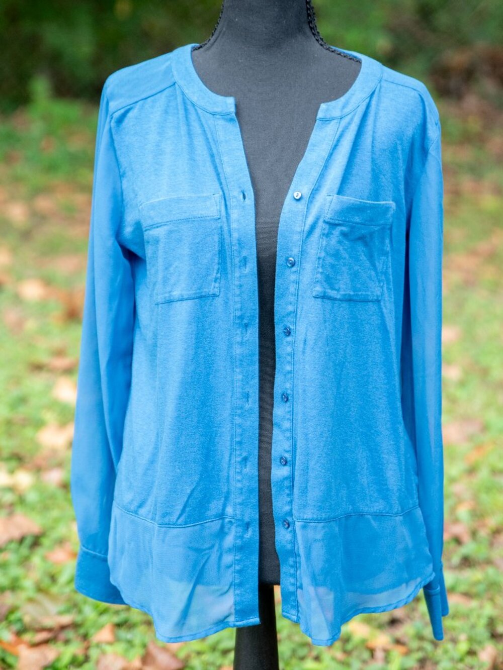 Ann Taylor Button Up Blouse Women' Blue Chiffon Long Sleeve Round Neck Top XS